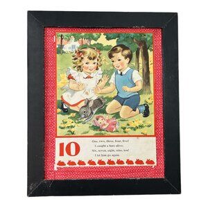 VTG Framed Double-Sided Children’s Book Page – “Ten Little Indians” & “I Caught